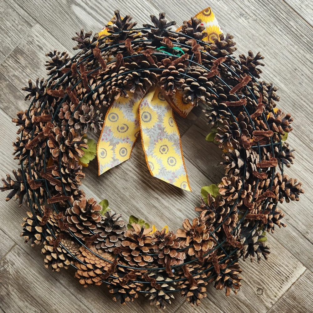 Handmade Sunflower & Black-eyed Susan Summer Fall Pinecone Wreath